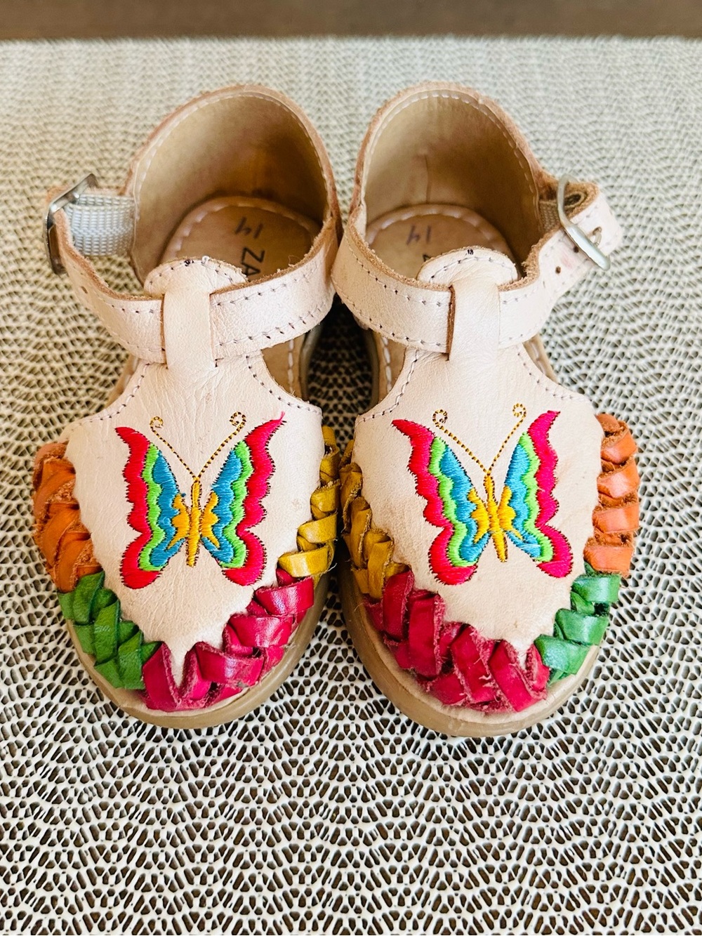 Girls Multicolor Butterfly Leather Mexican Sandals - Beige Size 7